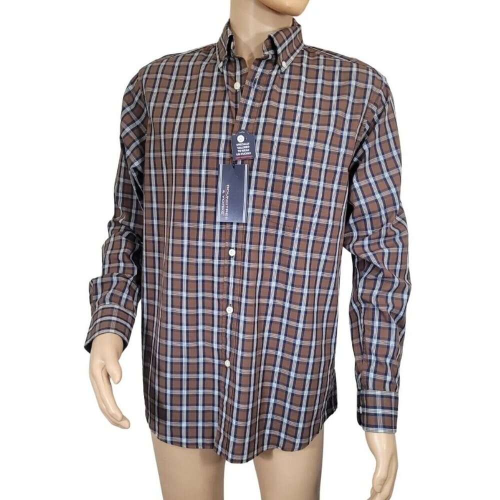 Roundtree & Yorke Men's Shirt Size M Brown Plaid Long Sleeve Button Up NWT (32)